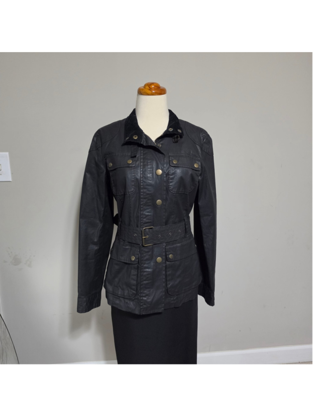 Banana Republic Black Coated Utility Field Jacket Belted Collar Small